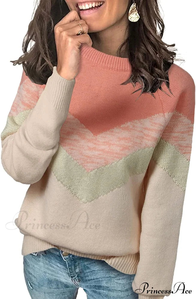 Womens Long Sleeve Crewneck Pullover Knit Jumper Tops B1 Pink / Small Sweaters-L