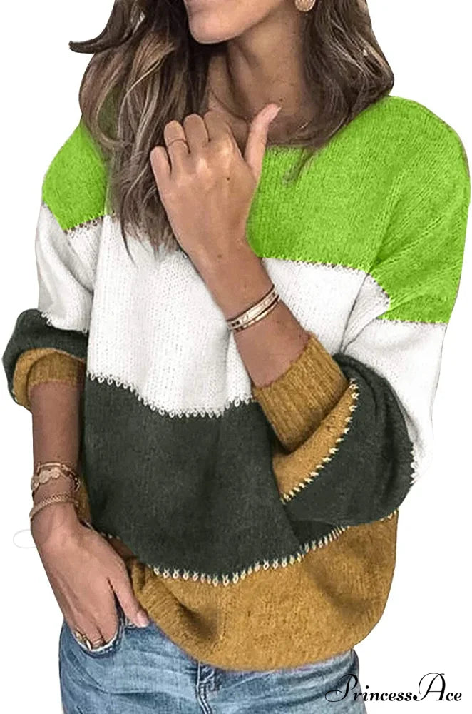 Womens Long Sleeve Crewneck Pullover Knit Jumper Tops F Green / Xx-Large Sweaters-L