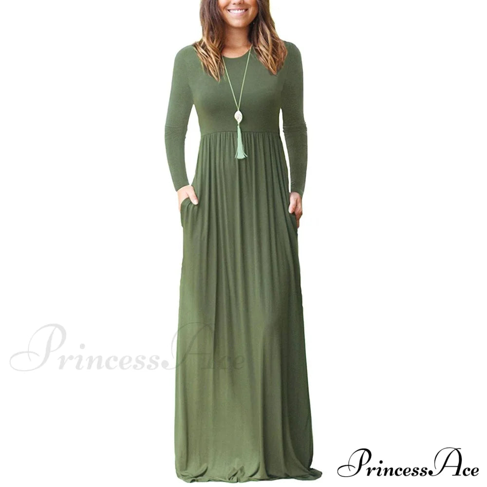 Women Long Sleeve Loose Plain Maxi Dresses Casual Long Dresses with Pockets Army Green __stock:500 casual dresses clothes dresses refund_fee:1200 show-color-swatches