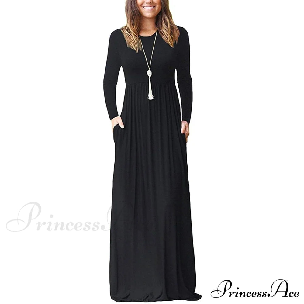 Women Long Sleeve Loose Plain Maxi Dresses Casual Long Dresses with Pockets Black __stock:500 casual dresses clothes dresses refund_fee:1200 show-color-swatches