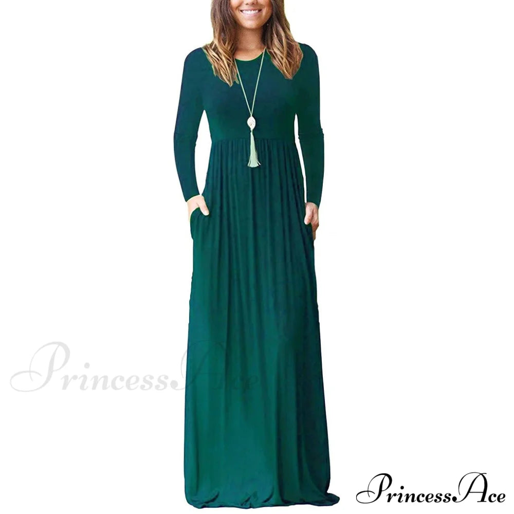 Women Long Sleeve Loose Plain Maxi Dresses Casual Long Dresses with Pockets Dark Green __stock:500 casual dresses clothes dresses refund_fee:1200 show-color-swatches