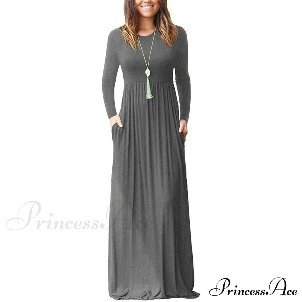 Women Long Sleeve Loose Plain Maxi Dresses Casual Long Dresses with Pockets Gray __stock:500 casual dresses clothes dresses refund_fee:1200 show-color-swatches