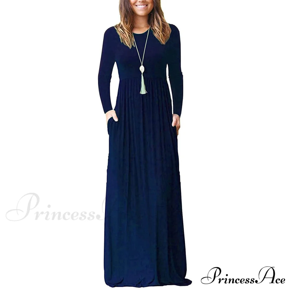 Women Long Sleeve Loose Plain Maxi Dresses Casual Long Dresses with Pockets Navy __stock:500 casual dresses clothes dresses refund_fee:1200 show-color-swatches