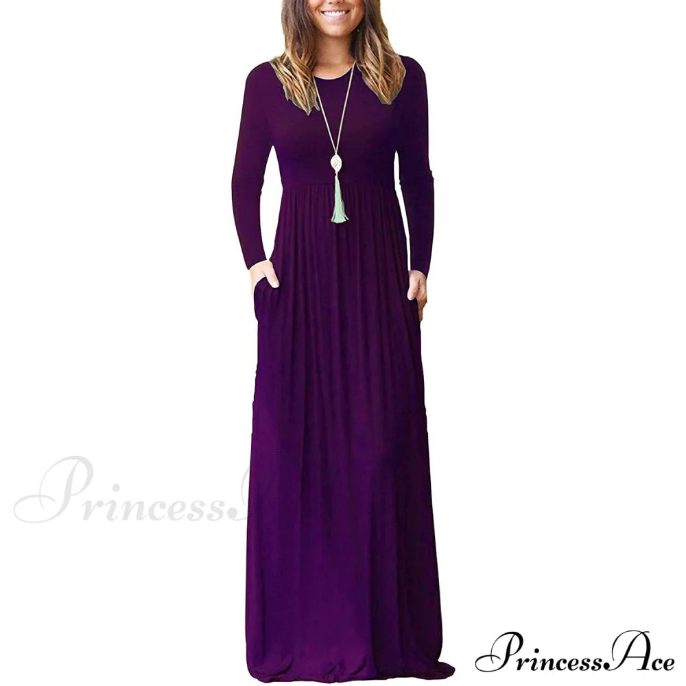 Women Long Sleeve Loose Plain Maxi Dresses Casual Long Dresses with Pockets Purple __stock:500 casual dresses clothes dresses refund_fee:1200 show-color-swatches