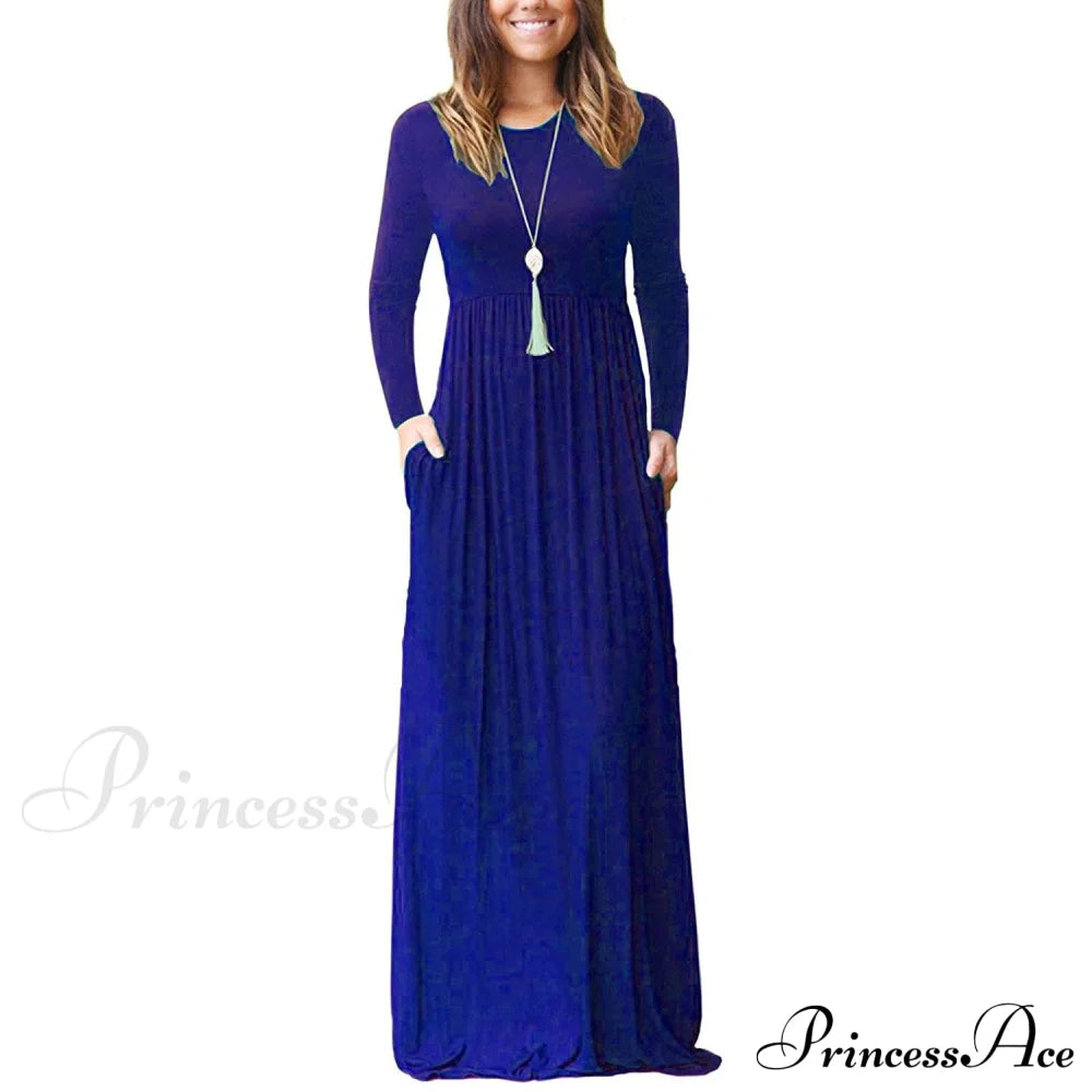 Women Long Sleeve Loose Plain Maxi Dresses Casual Long Dresses with Pockets Royal Blue __stock:500 casual dresses clothes dresses refund_fee:1200 show-color-swatches