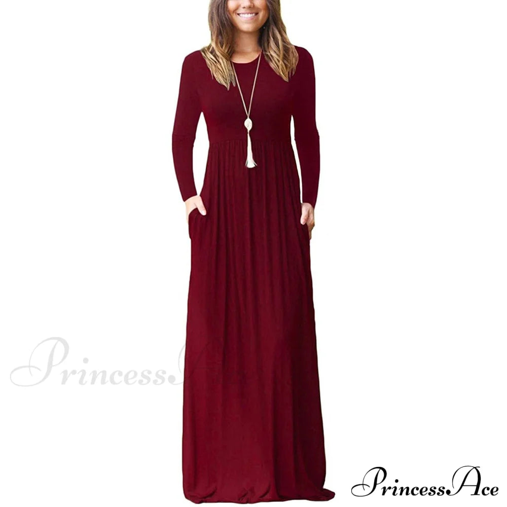 Women Long Sleeve Loose Plain Maxi Dresses Casual Long Dresses with Pockets Wine Red __stock:500 casual dresses clothes dresses refund_fee:1200 show-color-swatches