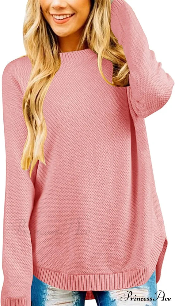 Women’s Long Sleeve Oversized Crew Neck Knit Pullover Pink / Medium Sweaters-L