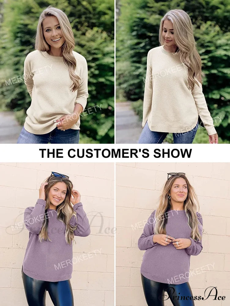 Women’s Long Sleeve Oversized Crew Neck Knit Pullover Sweaters-L