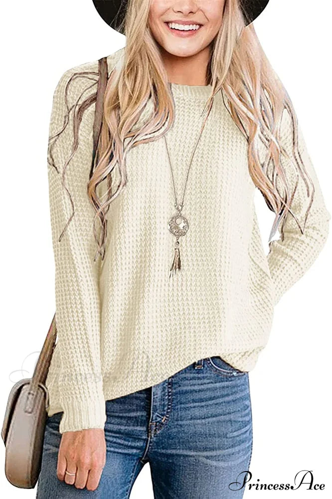 Women’s Long Sleeve Waffle Knit Crew Neck Solid Color Sweater Beige / X-Large Sweaters-L