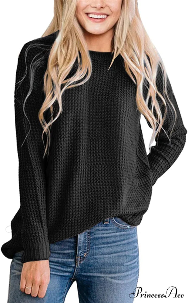 Women’s Long Sleeve Waffle Knit Crew Neck Solid Color Sweater Black / X-Large Sweaters-L