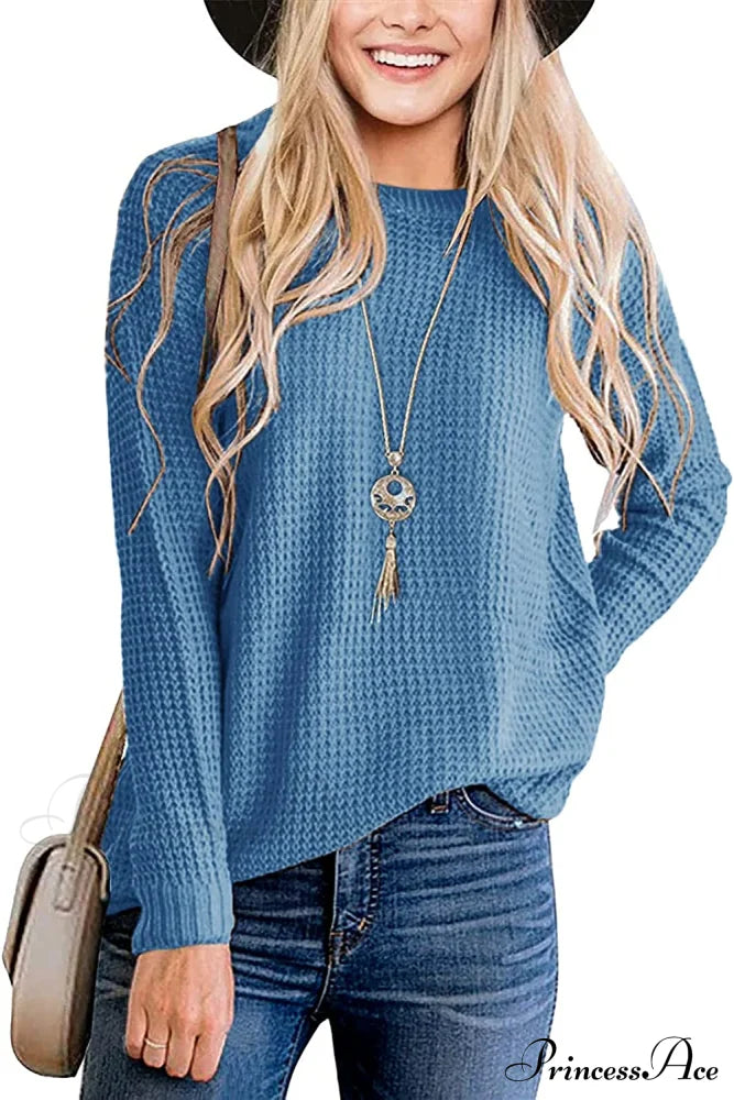 Women’s Long Sleeve Waffle Knit Crew Neck Solid Color Sweater Blue / X-Large Sweaters-L