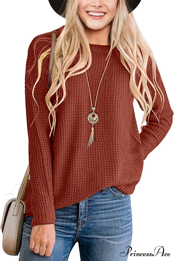 Women’s Long Sleeve Waffle Knit Crew Neck Solid Color Sweater Brown / Small Sweaters-L