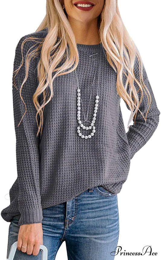 Women’s Long Sleeve Waffle Knit Crew Neck Solid Color Sweater Grey / Xx-Large Sweaters-L