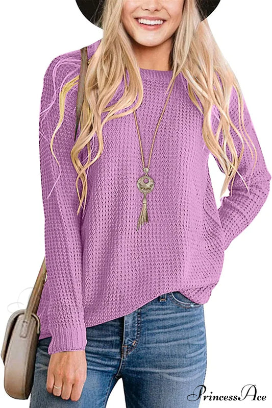 Women’s Long Sleeve Waffle Knit Crew Neck Solid Color Sweater Purple / Small Sweaters-L