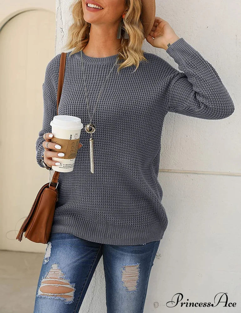 Women’s Long Sleeve Waffle Knit Crew Neck Solid Color Sweater Sweaters-L