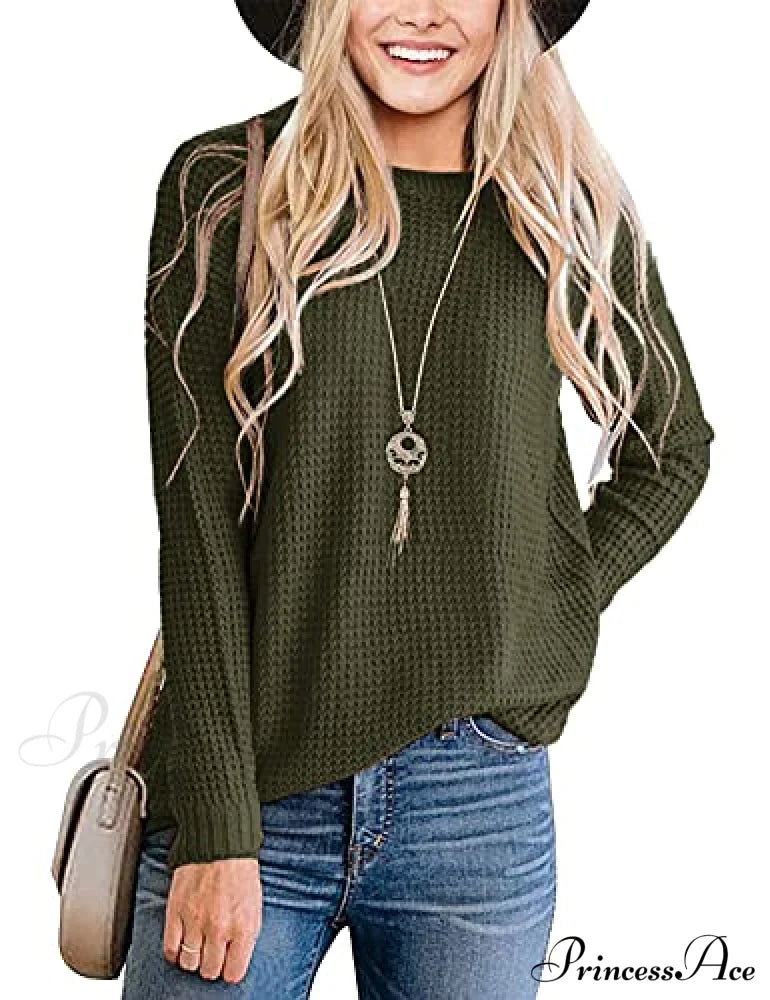 Women’s Long Sleeve Waffle Knit Crew Neck Solid Color Sweater Sweaters-L