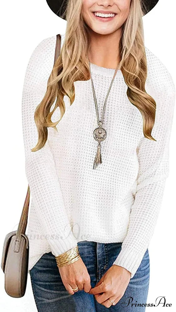 Women’s Long Sleeve Waffle Knit Crew Neck Solid Color Sweater White / Large Sweaters-L