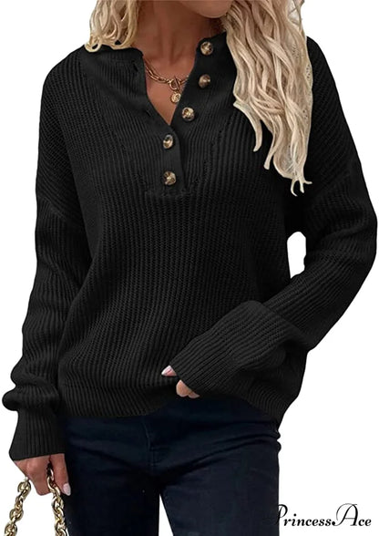 Women’s Loose Button V Neck Long Sleeve Sweater Black / Large Sweaters-L