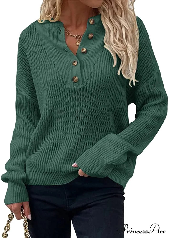 Women’s Loose Button V Neck Long Sleeve Sweater Grass Green / Xx-Large Sweaters-L