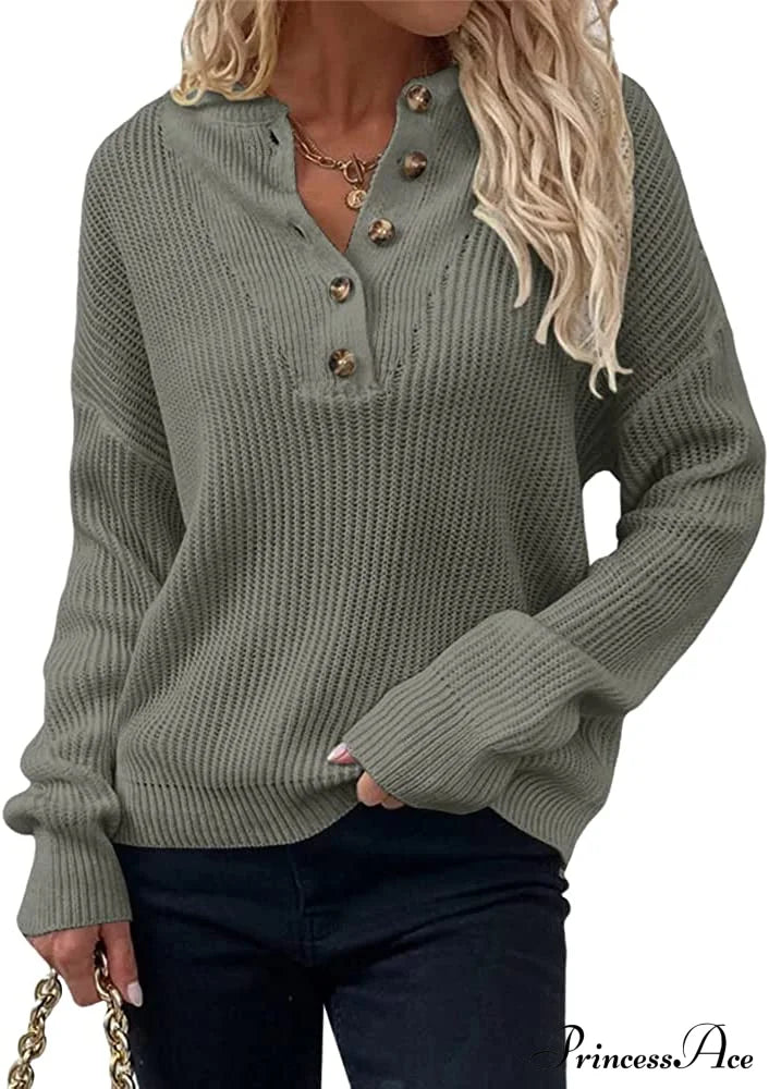 Women’s Loose Button V Neck Long Sleeve Sweater Grey / X-Large Sweaters-L