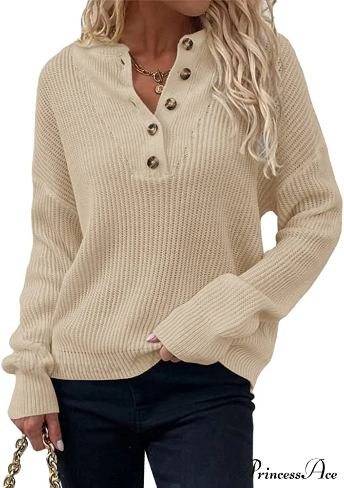 Women’s Loose Button V Neck Long Sleeve Sweater Khaki / Small Sweaters-L