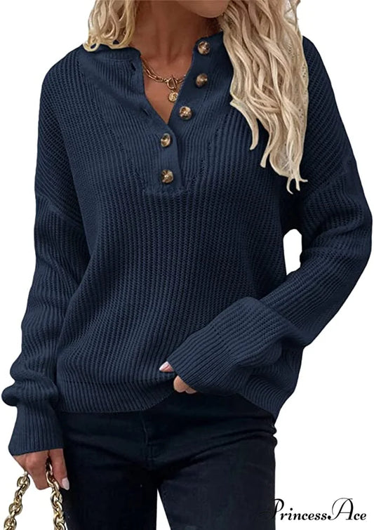 Women’s Loose Button V Neck Long Sleeve Sweater Navy Blue / Large Sweaters-L