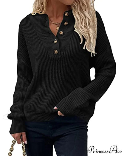 Women’s Loose Button V Neck Long Sleeve Sweater Sweaters-L