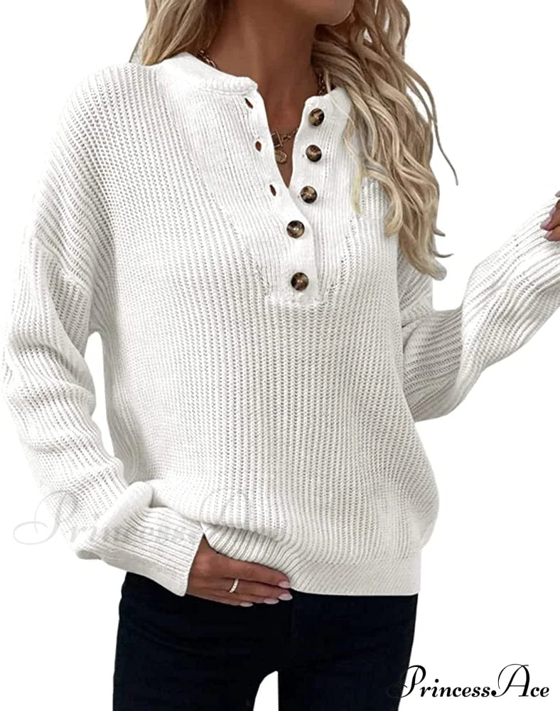 Women’s Loose Button V Neck Long Sleeve Sweater Sweaters-L