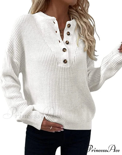 Women’s Loose Button V Neck Long Sleeve Sweater Sweaters-L