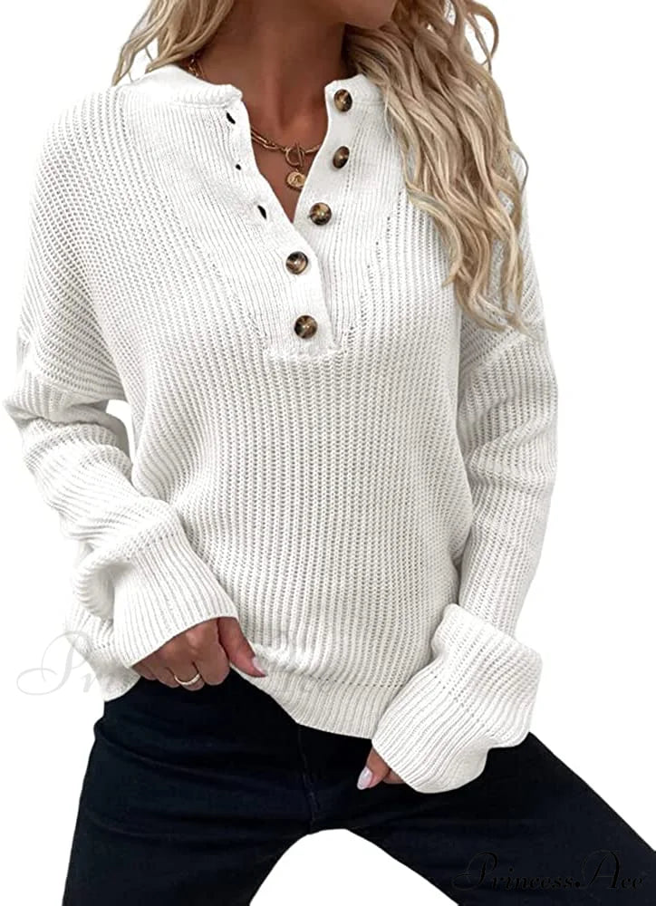 Women’s Loose Button V Neck Long Sleeve Sweater Sweaters-L