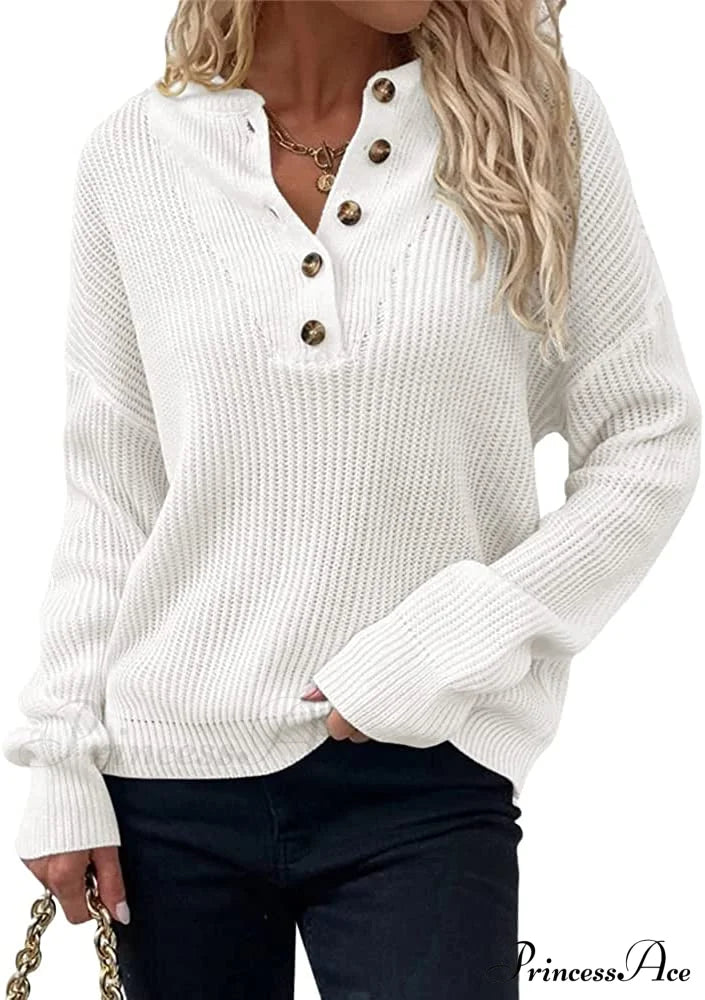 Women’s Loose Button V Neck Long Sleeve Sweater White / Medium Sweaters-L