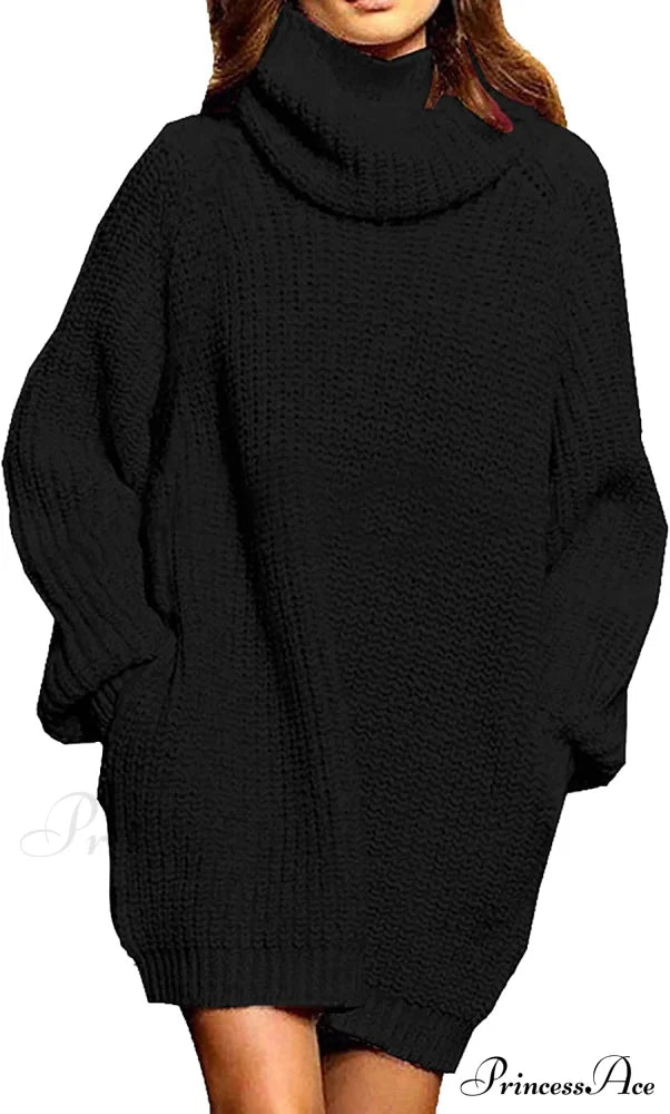 Women’s Loose Turtleneck Oversize Long Pullover Sweater Dress Black / X-Large Sweaters-L