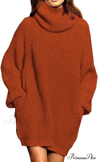 Women’s Loose Turtleneck Oversize Long Pullover Sweater Dress Brown / Medium Sweaters-L