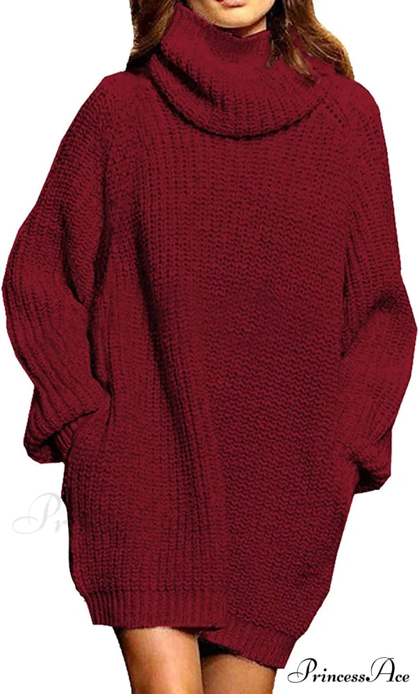 Women’s Loose Turtleneck Oversize Long Pullover Sweater Dress Sweaters-L