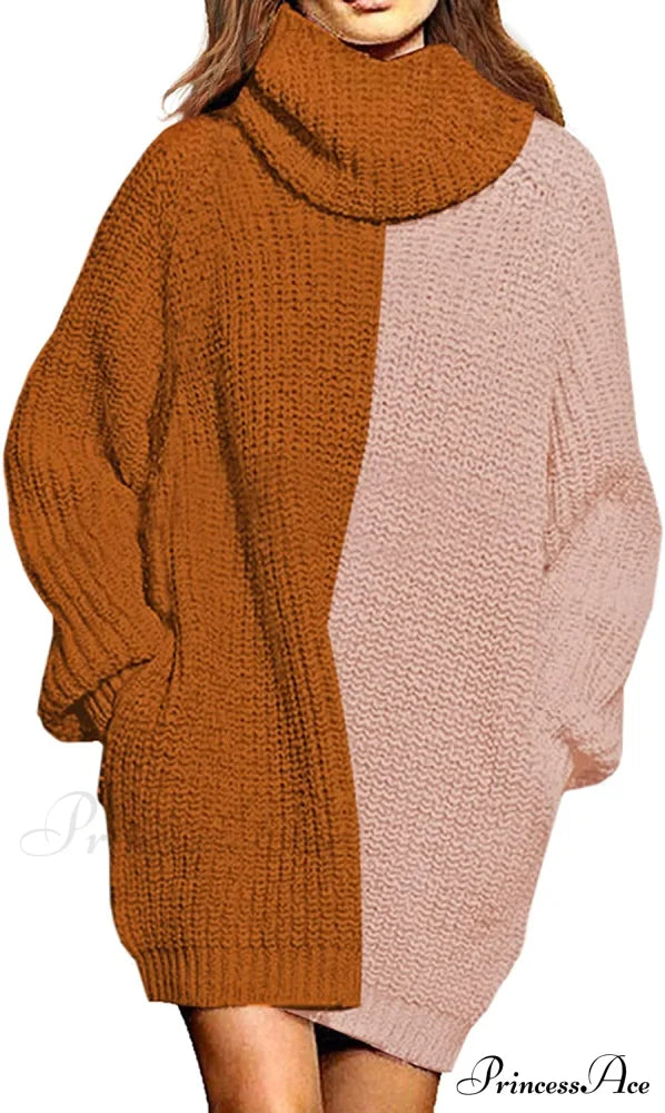 Women’s Loose Turtleneck Oversize Long Pullover Sweater Dress Y -Brown And Pink / X-Large Sweaters-L