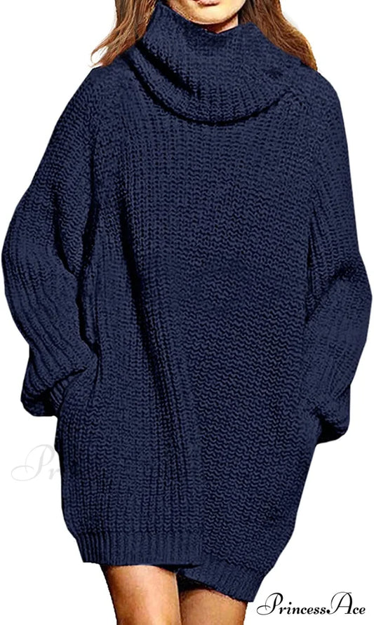 Women’s Loose Turtleneck Oversize Long Pullover Sweater Dress Y - Dark Blue / Large Sweaters-L