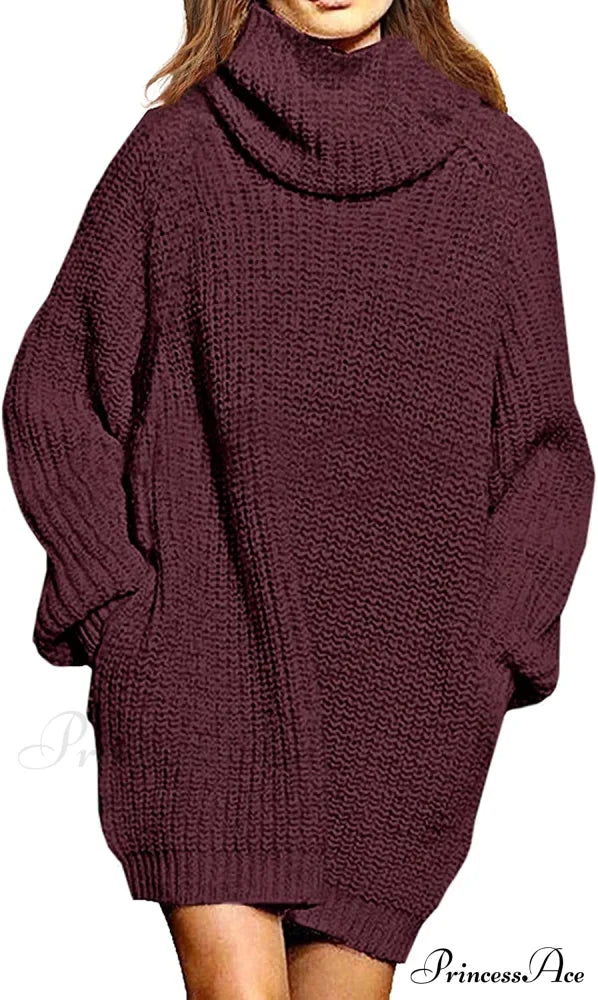 Women’s Loose Turtleneck Oversize Long Pullover Sweater Dress Y - Dark Red / Medium Sweaters-L