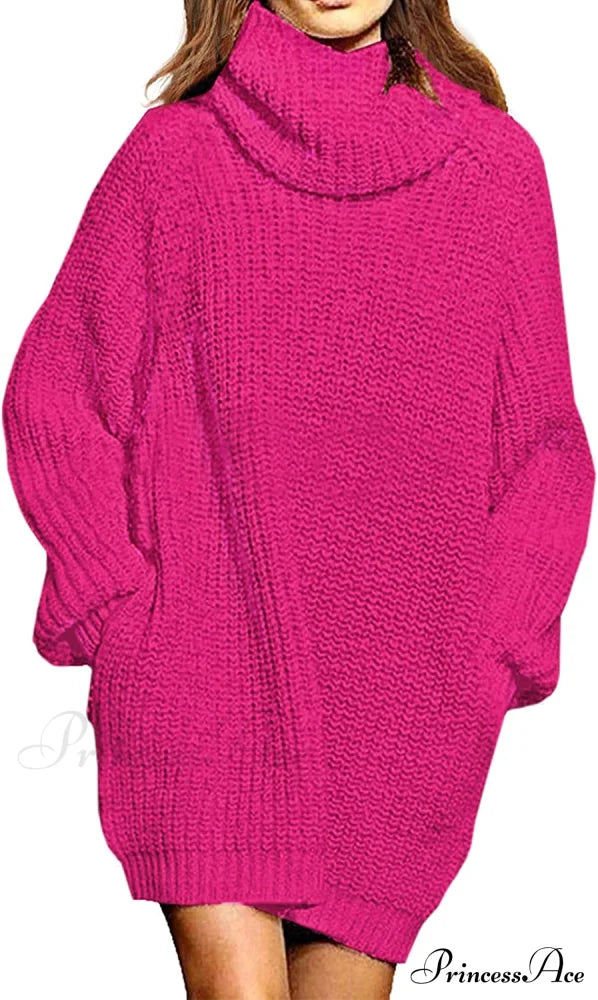 Women’s Loose Turtleneck Oversize Long Pullover Sweater Dress Y - Hot Pink / Medium Sweaters-L