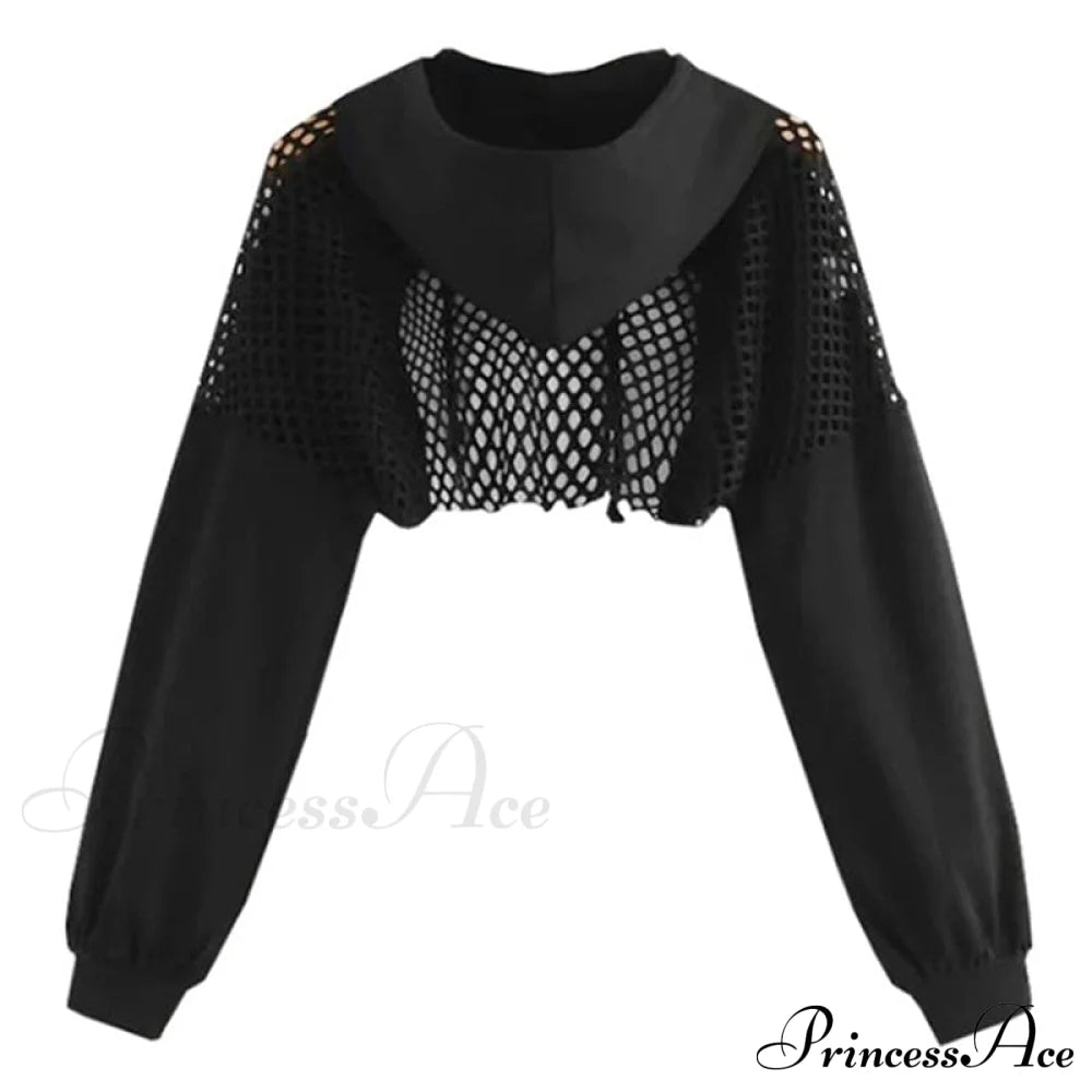 Women’s Mesh With Out Hoodie Black Crop Top Hollow Patchwork