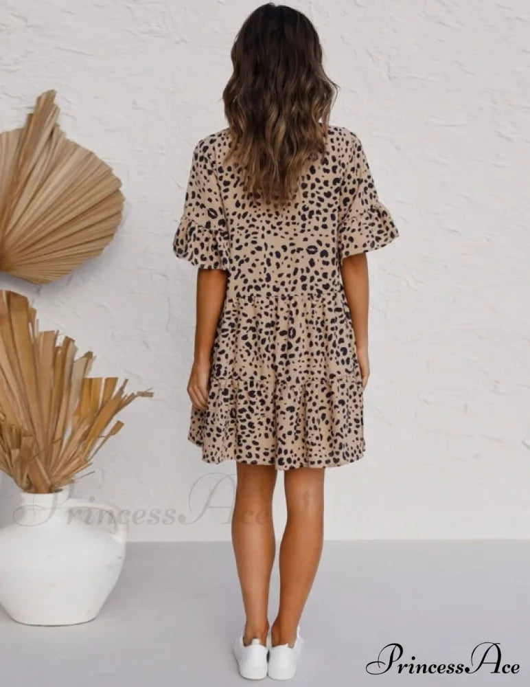 Women’s Mini Leopard Print Ruffle Sleeve V Neck Dress - Summer Style Dresses