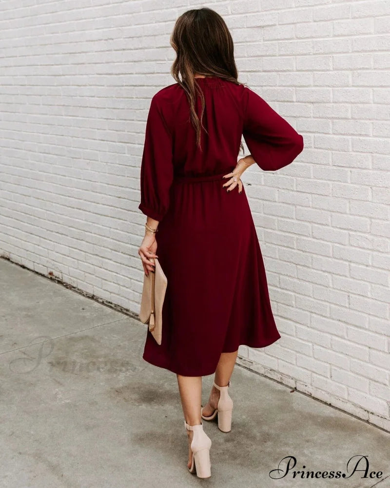 Women’s O Neck Elegant Half Sleeve Big Swing Party Dress L / Burgundy Dresses