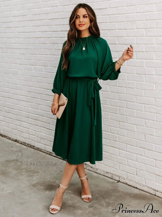 Women’s O Neck Elegant Half Sleeve Big Swing Party Dress S / Green Dresses