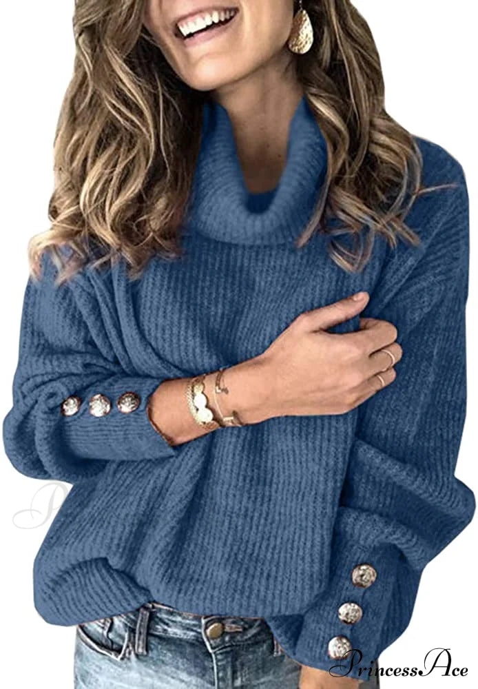 Women’s Oversized Turtleneck Chunky Pullover Sweaters Blue / X-Large Sweaters-L