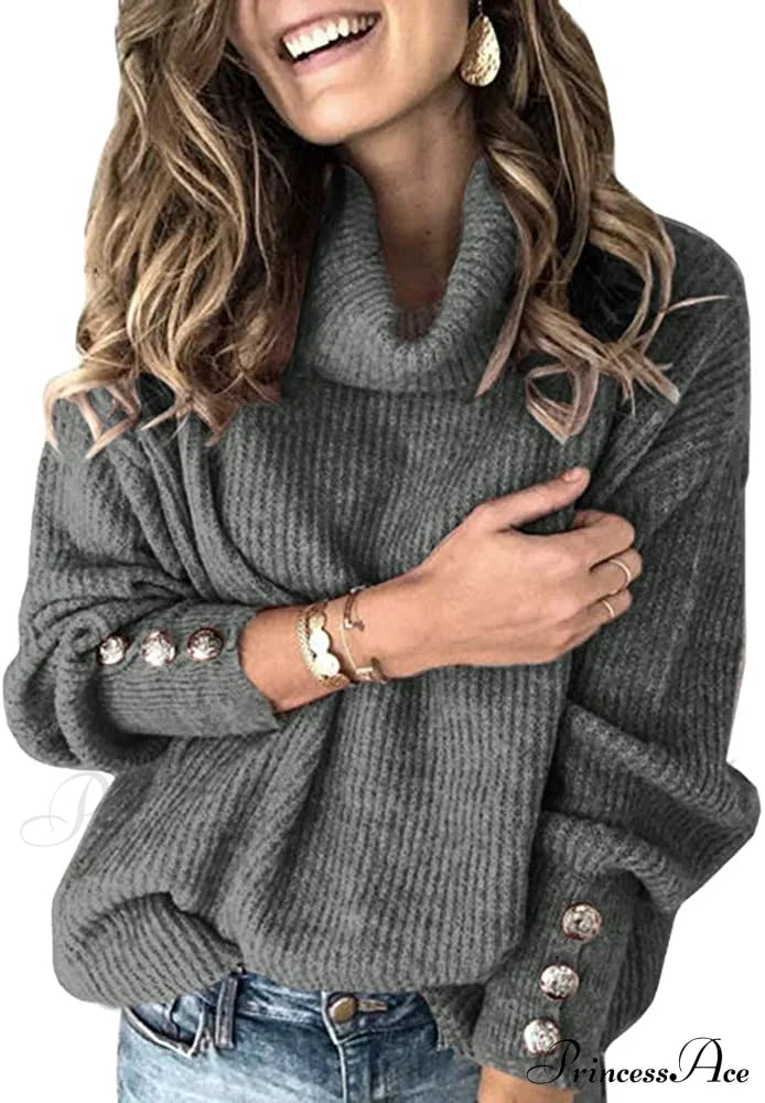 Women’s Oversized Turtleneck Chunky Pullover Sweaters Grey / Large Sweaters-L