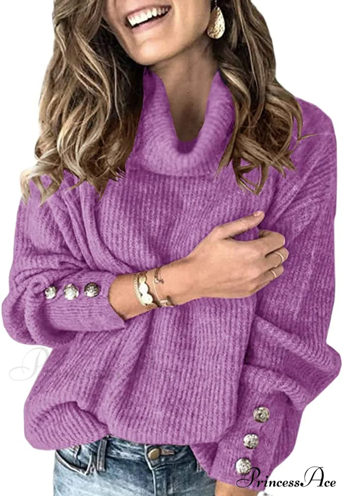 Women’s Oversized Turtleneck Chunky Pullover Sweaters Purple / X-Large Sweaters-L