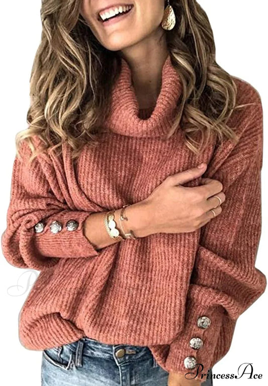 Women’s Oversized Turtleneck Chunky Pullover Sweaters Red / Large Sweaters-L