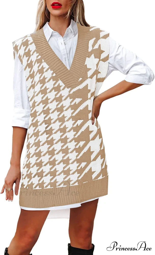 Women’s Oversized V Neck Knit Sweater Vest Tunic Sleeveless Pullover Top 1-Apricot White