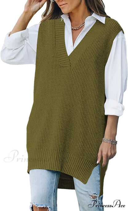 Women’s Oversized V Neck Knit Sweater Vest Tunic Sleeveless Pullover Top 1-Army Green / Medium