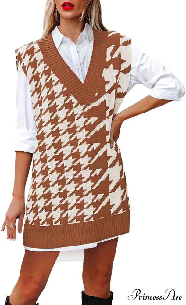 Women’s Oversized V Neck Knit Sweater Vest Tunic Sleeveless Pullover Top 1-Brown Houndstooth /