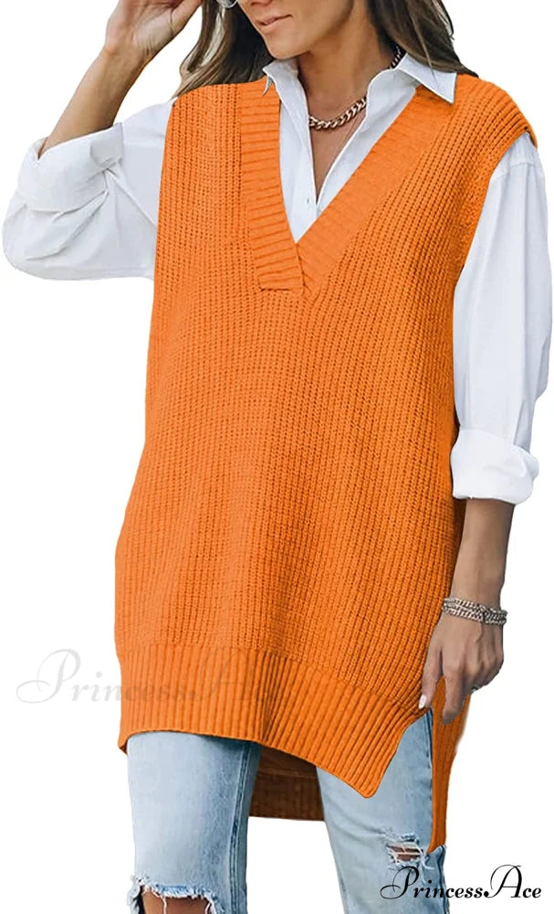 Women’s Oversized V Neck Knit Sweater Vest Tunic Sleeveless Pullover Top 1-Orange / Medium